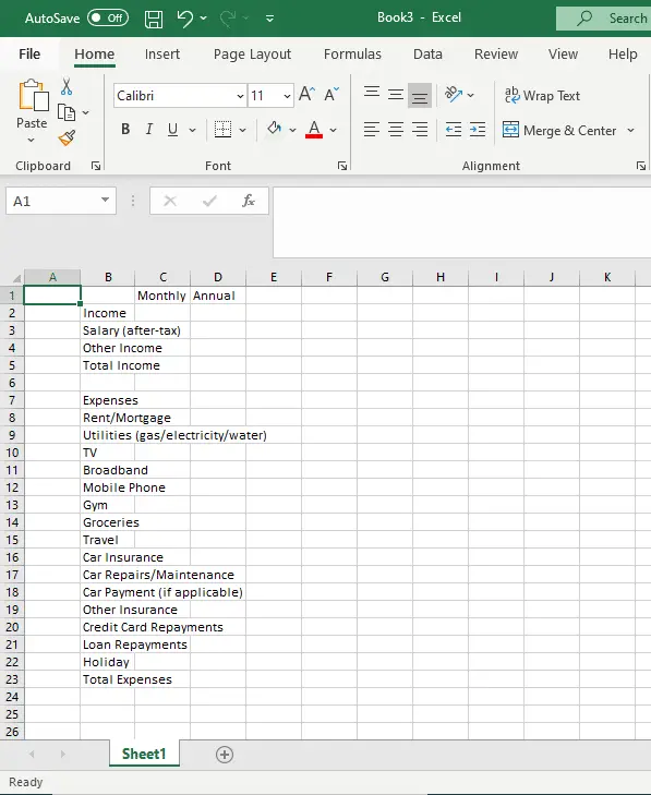 step 3 in how to create a budget template using excel