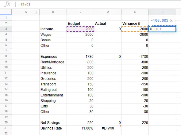 calculating variance percentage in google sheets