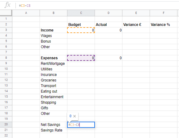 calculating the net savings total in google sheets