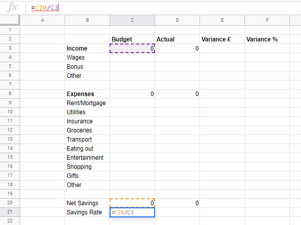 calculating savings rate metric within google sheets