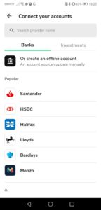 Money Dashboard add bank account screenshot