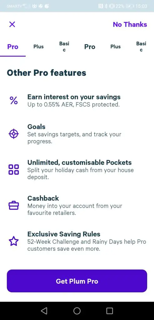 screenshot of the features for Plum Pro pricing