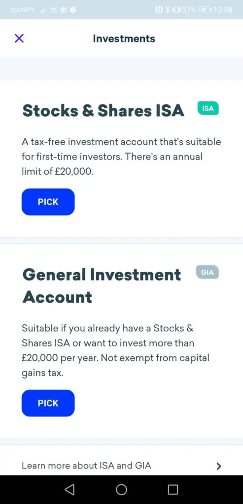 screenshot of investment account type on Plum