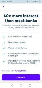screenshot of Plum easy access interest pockets