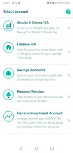 Screenshot of the Moneybox account options