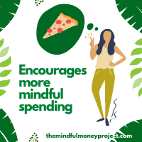 why should i track my expenses image showing that it encourages more mindful spending with a lady thinking about pizza